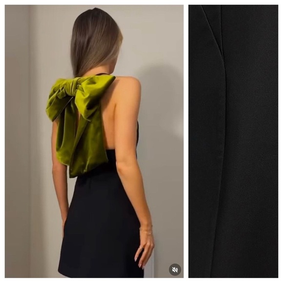 NWT. Zara Black Maxi Bow Velvet Short V-Neck Dress. Size M. - Picture 4 of 15